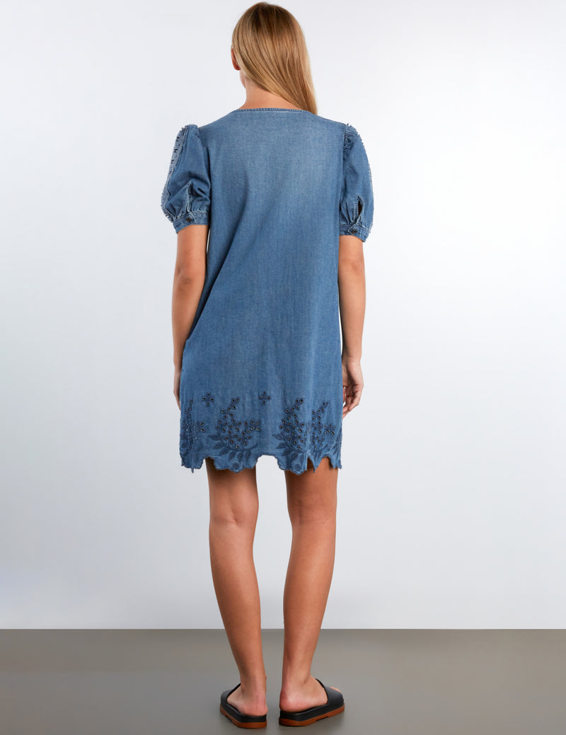 blue denim puff sleeve dress Puff-Sleeve Denim Shirt Dress 10