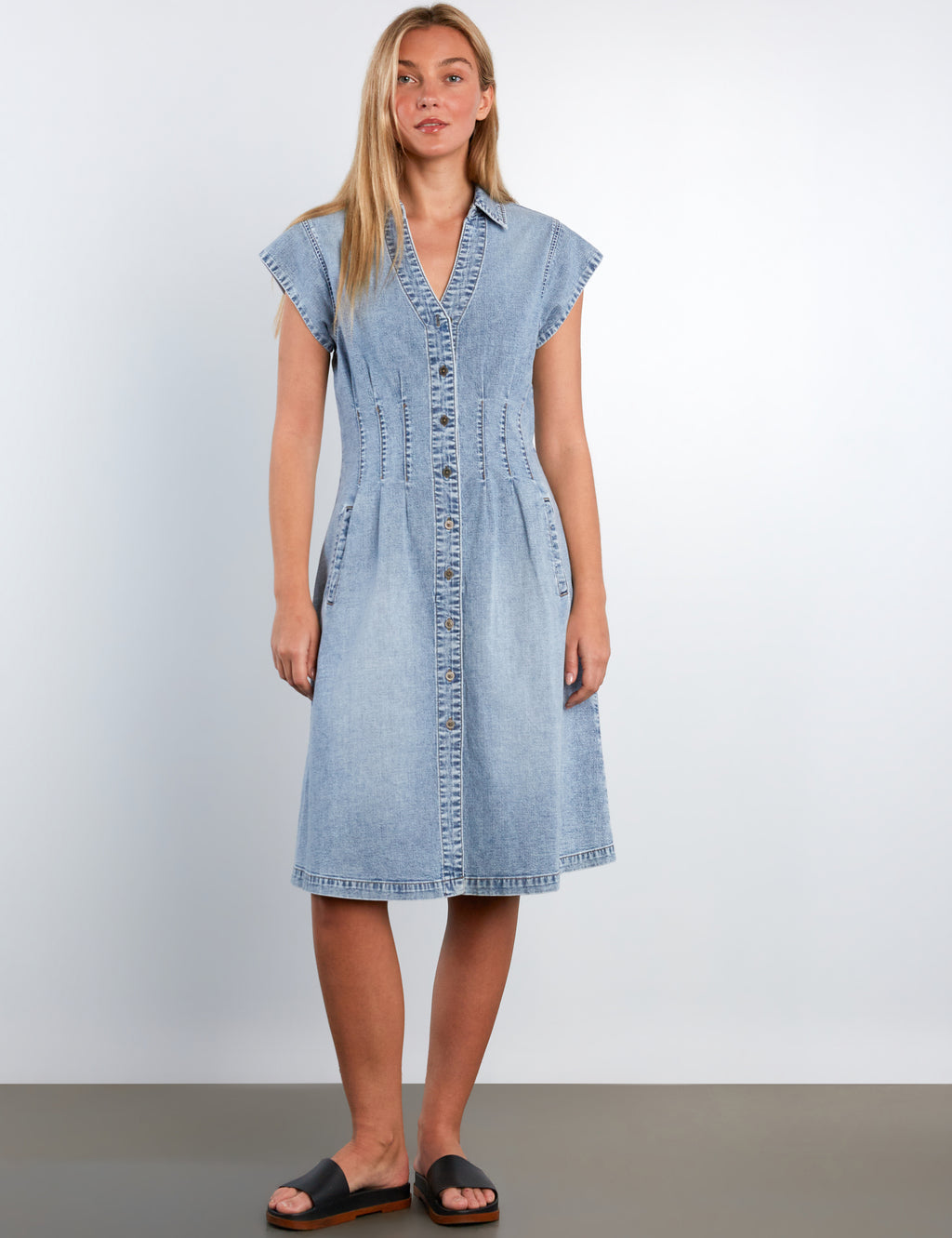the fifth label denim dress Perfect Pleats - Midi V-Neck Button Front Dimension:59 L x 16 W x 36 H Inches I've Got Sunshine Long edit_event-dresses season after season.