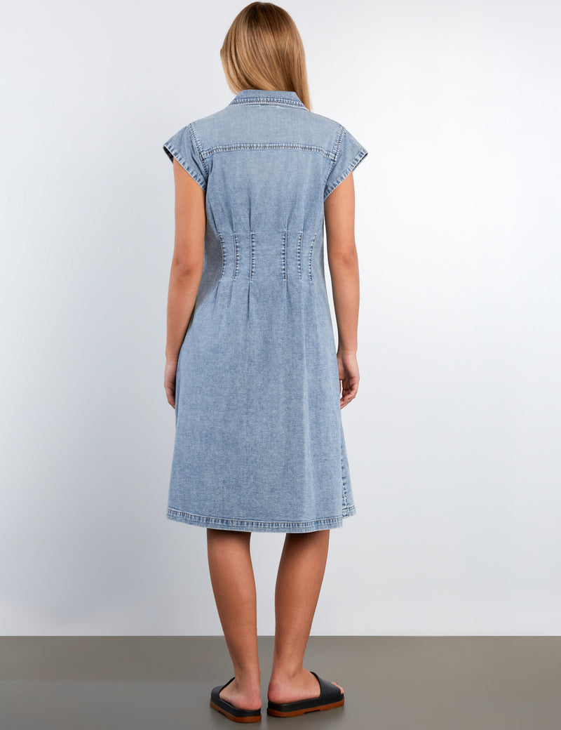 Perfect Pleats Denim Dress - Midi V-Neck Button Front | Wash Lab