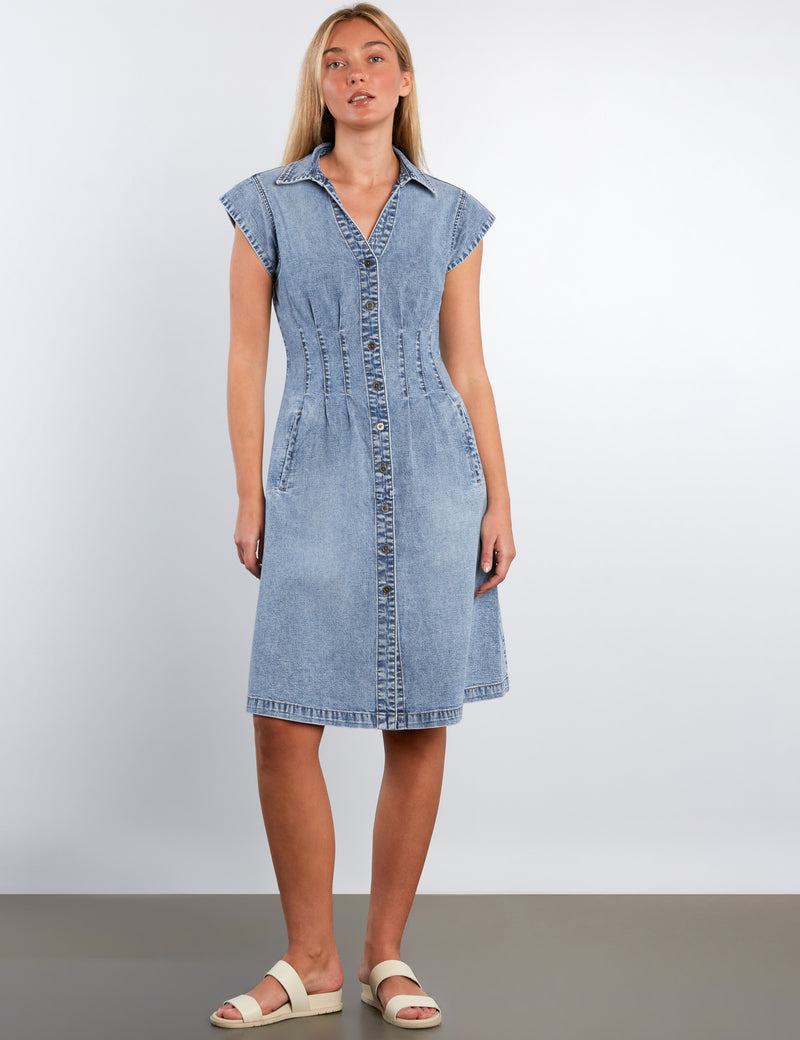 the fifth label denim dress Perfect Pleats - Midi V-Neck Button Front Size:WIDE - US WOMEN 5 - UK 3 - EU 36 Raw Cotton Boho Wedding Care 93% Polyester and cf-fit-traditional