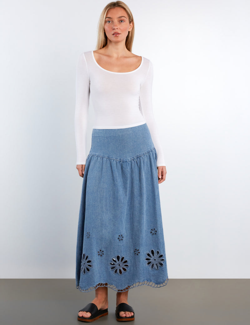 Women's Denim Embroidered Camellia Maxi Skirt – washlabshop