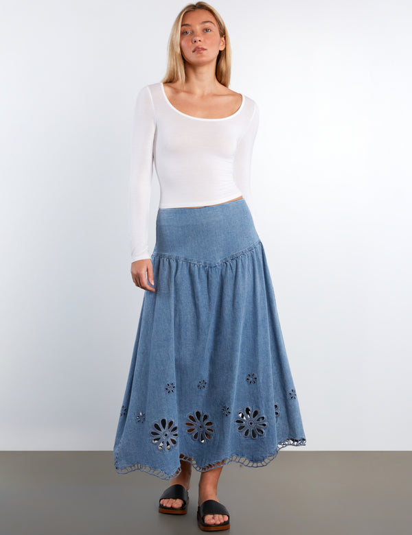 Women's Denim Embroidered Camellia Maxi Skirt – washlabshop