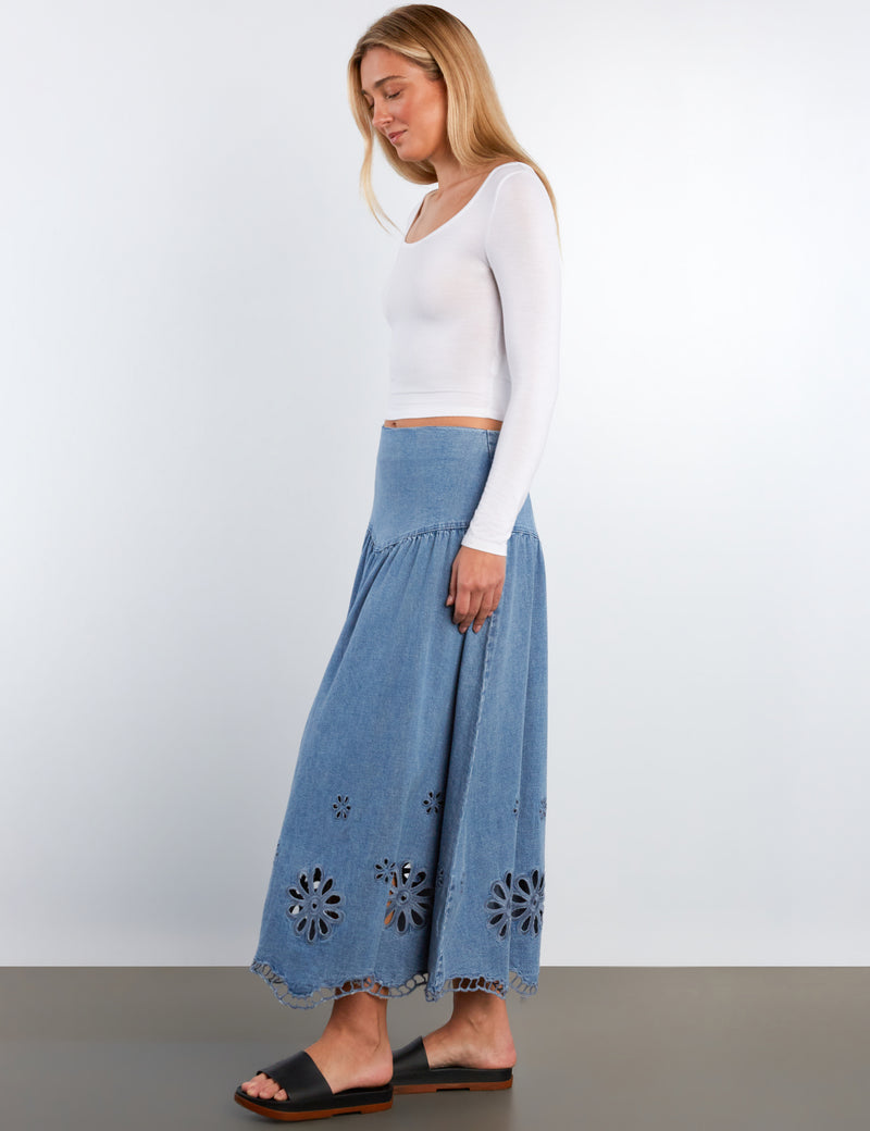 Women's Denim Embroidered Camellia Maxi Skirt – washlabshop