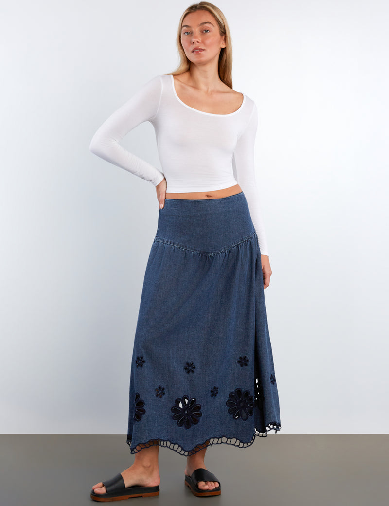 Women's Camellia Embroidered Denim Maxi Skirt – washlabshop