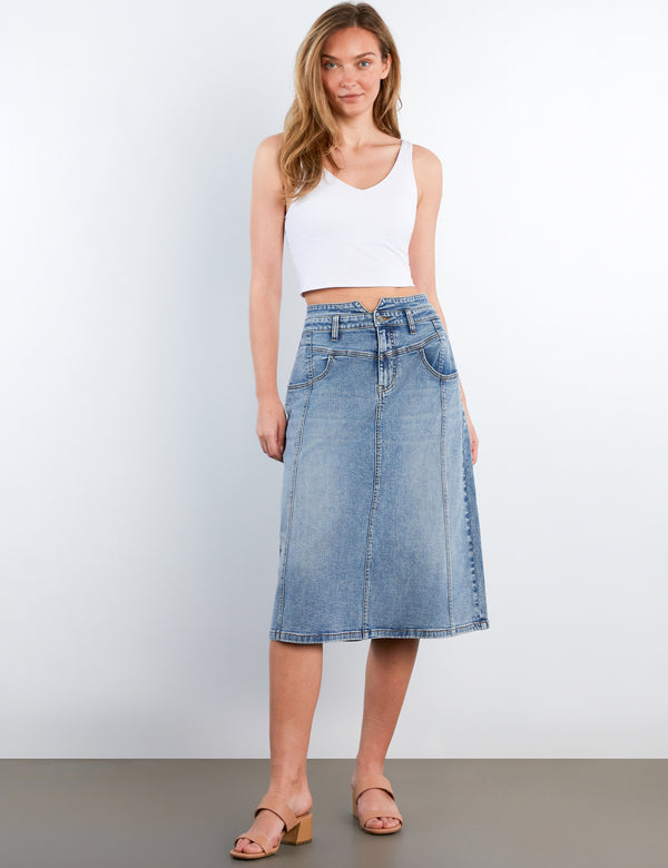 Wash Lab Penelope Blue Denim Midi Skirt Stretch Button Slit