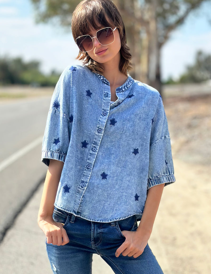 Women's Designer Star Embroidered Shirt Front View