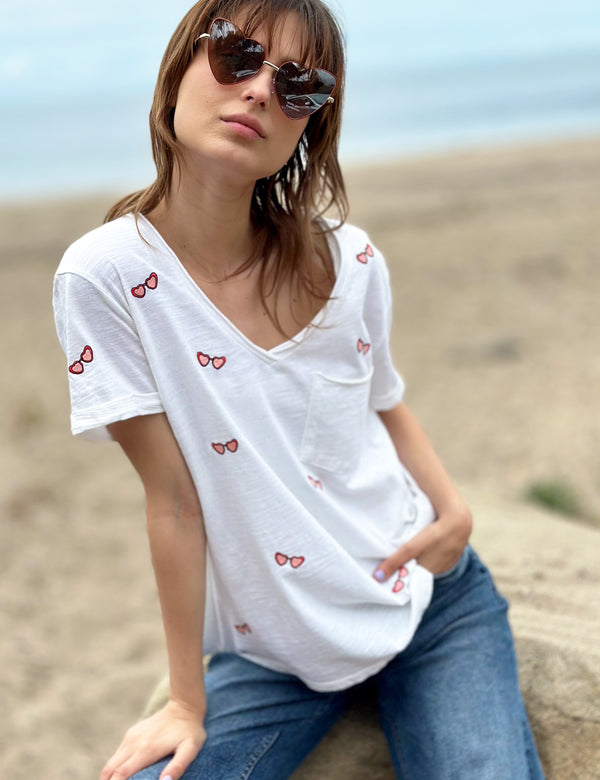 Women's Designer Tee with Sunglasses Embroidery