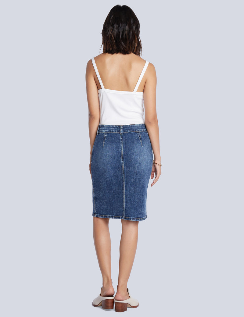 Button Front Denim Knee Skirt Swift Blue