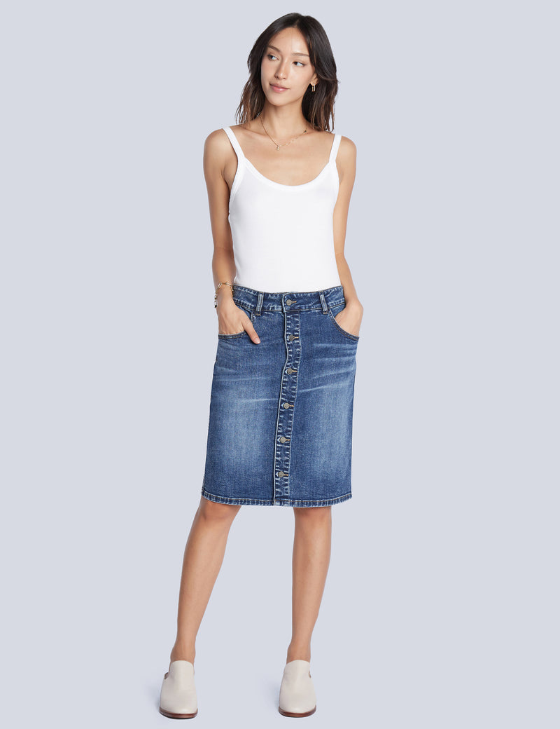 Button Front Denim Knee Skirt Swift Blue