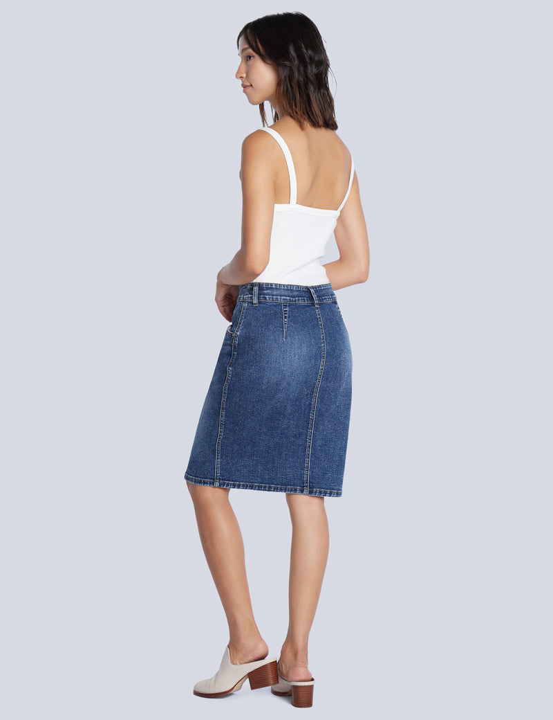 Button Front Denim Knee Skirt Swift Blue