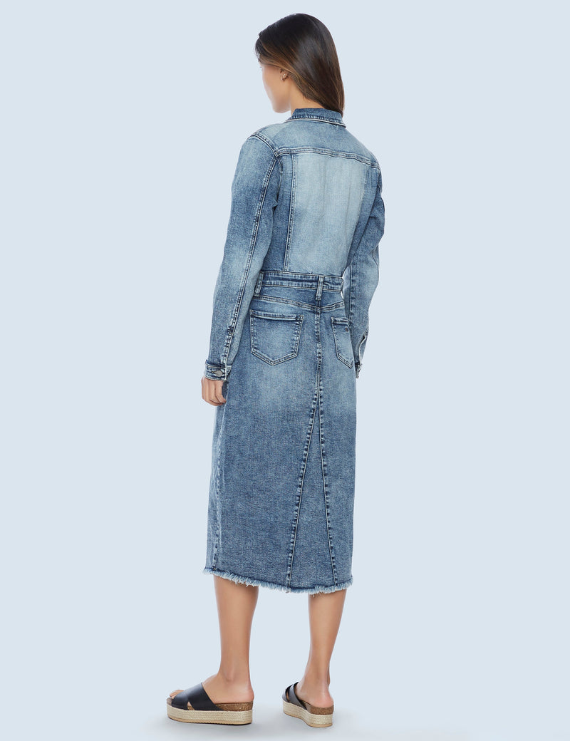 Color-Blocked Denim Dress Blue Back View