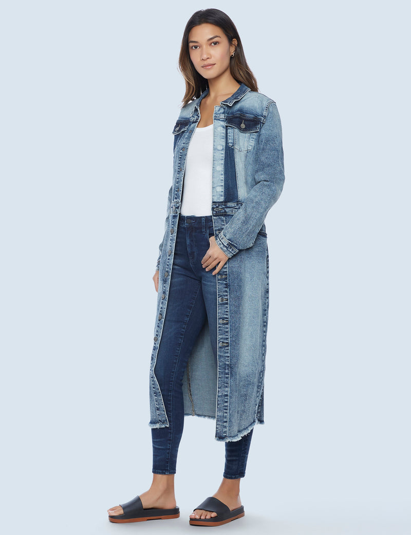 Color-Blocked Denim Dress Blue Front View