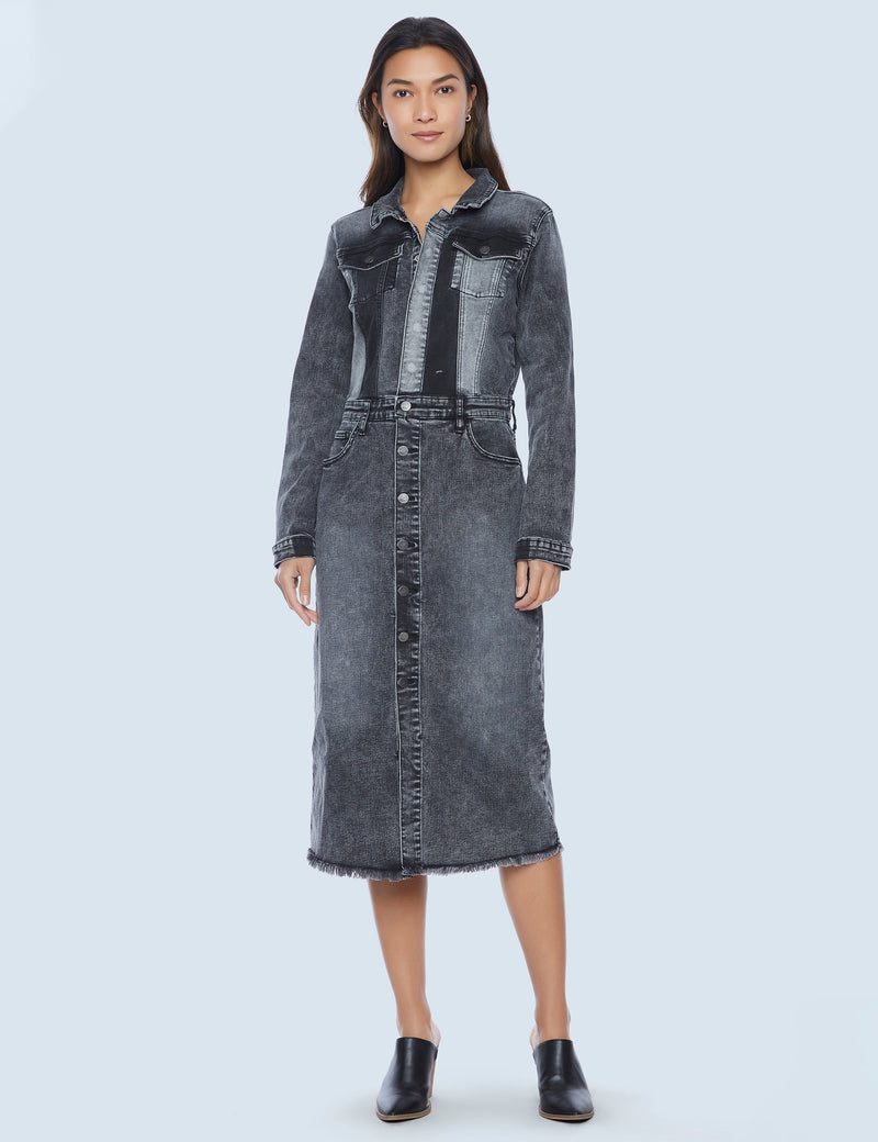 Color-Blocked Denim Dress Grey Front View
