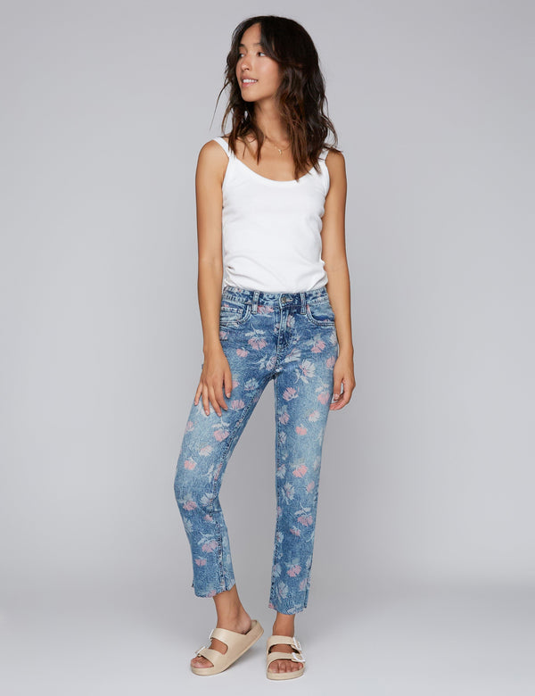 Floral Print Straight Ankle Jeans Front View