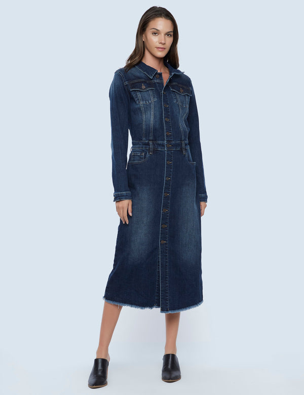 Piece Dyed Denim Dress Space Blue Front View